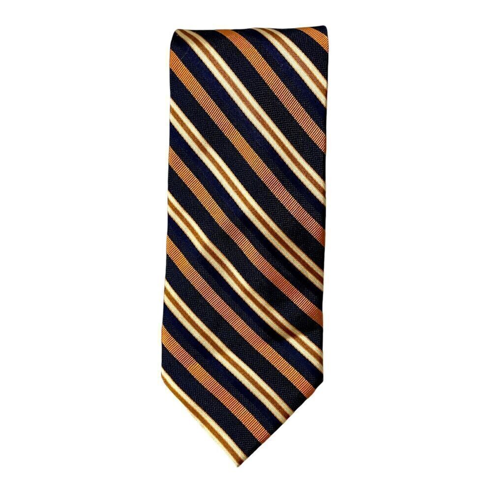 HILARY RADLEY Silk Tie Blue Orange Gold Stripes Men Necktie Italy 58 x 3…